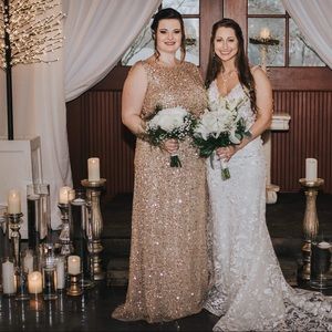 Adrianna Papell gold scoop back beaded gown